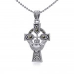 Celtic Cross and Irish Claddagh Silver Pendant with Marcasite
