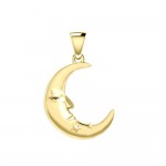 Crescent Moon Face with Stars Solid Gold Pendant