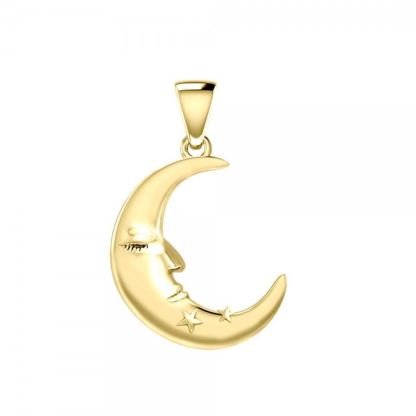 Crescent Moon Face with Stars Solid Gold Pendant