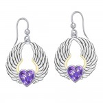 Gemstone Heart and Angel Wings Silver and 14K Gold Plated Earrings