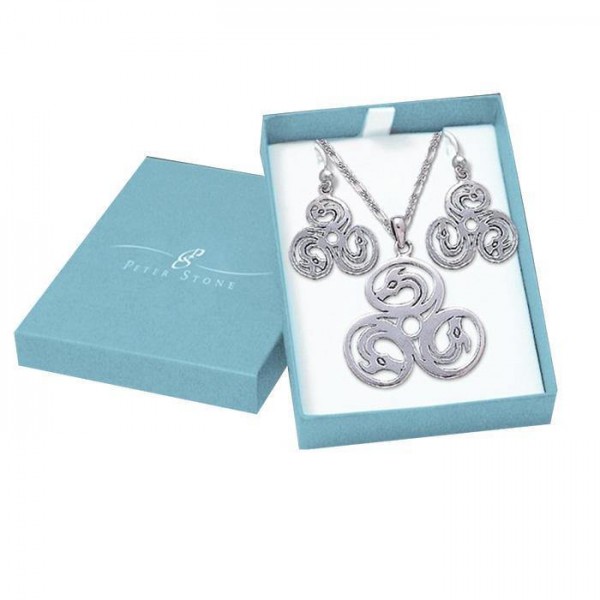 Celtic Triskele Dragon Silver Pendant Earrings with Free Chain Jewelry Gift Box Set