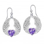 Gemstone Heart and Angel Wings Silver Earrings