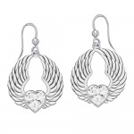 Gemstone Heart and Angel Wings Silver Earrings