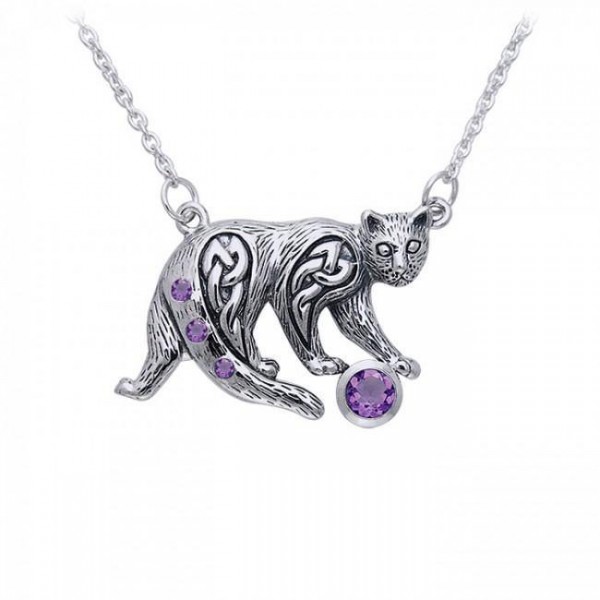 A Fanciful Feline ~ Celtic Knotwork Cat Sterling Silver Necklace with Gemstones