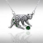 Un félin fantaisiste ~ Celtic Knotwork Cat Collier en argent sterling avec pierres précieuses