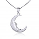 Crescent Moon Face with Stars Silver Pendant