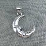 Crescent Moon Face with Stars Silver Pendant