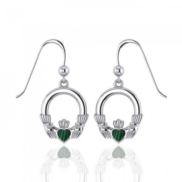Irish Claddagh with Malachite Inlay Sterling Silver Earrings