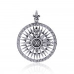 Fleur-de-Lis Sterling Silver Rose Compass Jewelry Pendant