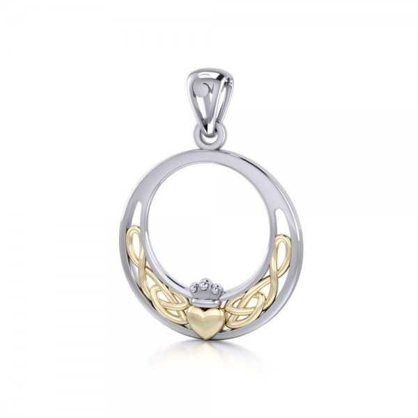 A pure love beyond ages ~ Celtic Knotwork Irish Claddagh Sterling Silver Pendant with Gold accent