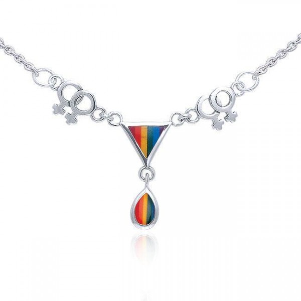 Two Women Rainbow Triangles Silver Necklace