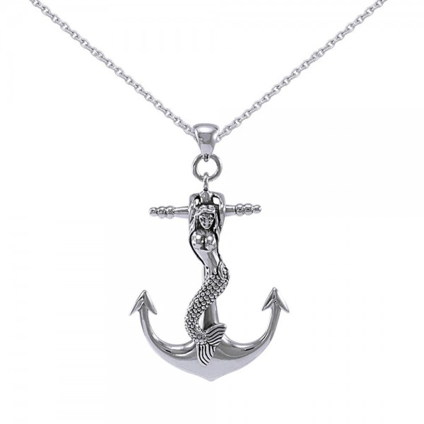 Large Silver Mermaid and Anchor Pendant and Chain Set