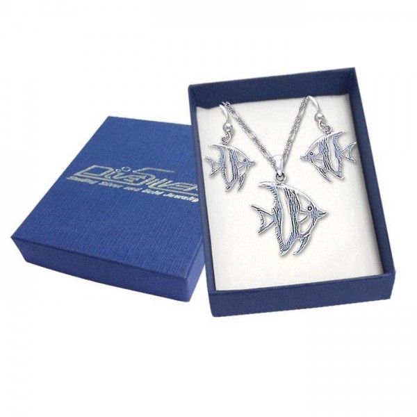 Angel Fish Silver Pendant Earrings with Free Chain Jewelry Gift Box Set