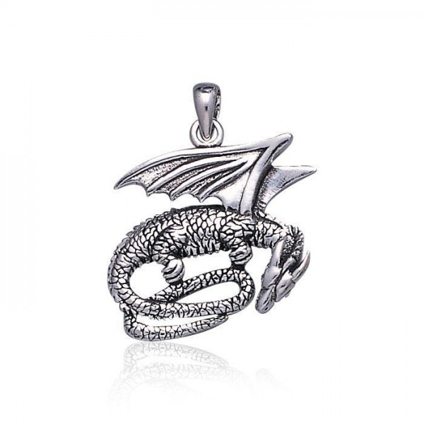 Slumbering Winged Dragon ~ Sterling Silver Jewelry Pendant
