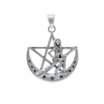 Salem Witch on Crescent Moon Pentagram Silver Pendant