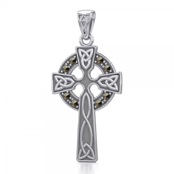 Celtic Cross Silver Pendant with Marcasite