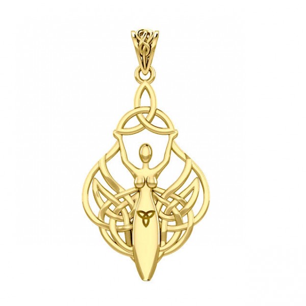 Celtic Goddess Holding Trinity Knot Solid Gold Pendant