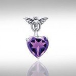 Gentle touch by the Wings of an Angel ~Sterling Silver Jewelry Pendant with a Heart-shaped Gemstone