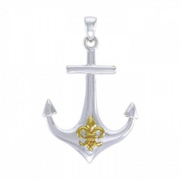 Anchored in the royalty of Fleur-de-Lis ~ Sterling Silver Jewelry Pendant with 14k Gold Accent