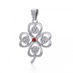 Lucky Four Leaf Clover with Triquetra Silver Pendant with Gemstone