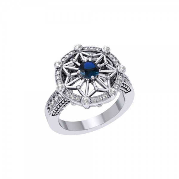 Round Tetragram Energy Symbol Silver Ring with Gemstone