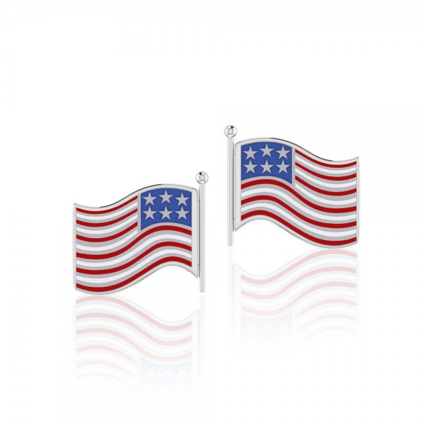 Silver American Flag with Enamel Post Earrings