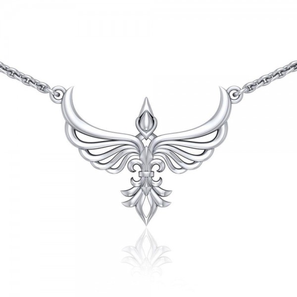 Phoenix with Fleur De Lis Sterling Silver Necklace