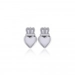 Heart with Crown Silver Post Earrings