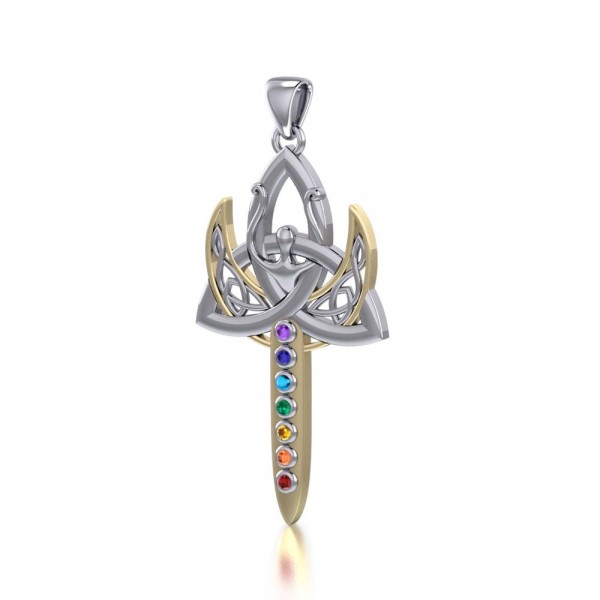 Silver and 14K Gold Trinity Goddess Pendant with Chakra Gemstone
