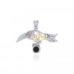 Celtic Spirit Raven with Gemstone Silver and Gold Pendant