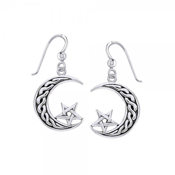 The Star on Celtic Crescent Moon Silver Earrings