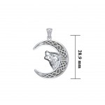 Wolf Head with Celtic Crescent Moon Silver Pendant
