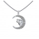 Wolf Head with Celtic Crescent Moon Silver Pendant