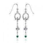Celtic Claddagh Shamrock Emerald Glass Hearts Silver Earrings