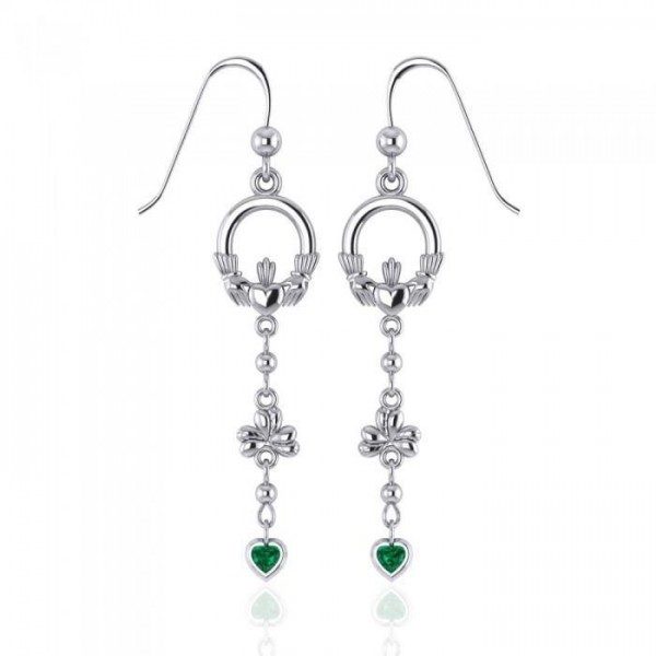 Celtic Claddagh Shamrock Emerald Glass Hearts Silver Earrings