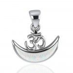 Om Symbol with inlaid Crescent Moon Sterling Silver Pendant