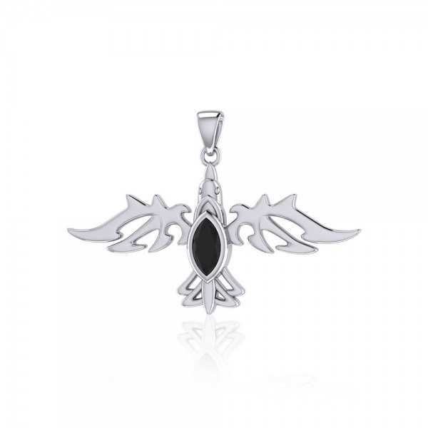 Modern Raven with Gemstone Silver Jewelry Pendant