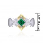 Adorned by the spiritual power of three ~ Celtic Trinity Knot Sterling Silver Ring with 18k Gold accent and Emerald and White Cubic Zirconia Gemstones