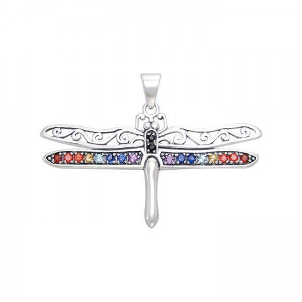 The Enchanting Light of the Dragonflybs Iridescent Wings Silver with Chakra Gemstones Pendant