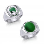 Irish Claddagh Silver Flip Ring with Emerald Glass