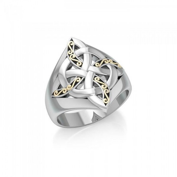 Celtic Four-Point Sterling Silver Ring with 18K Gold accent