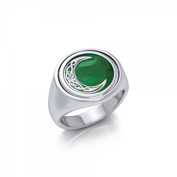 Celtic Crescent Moon Silver Flip Ring with Gemstone