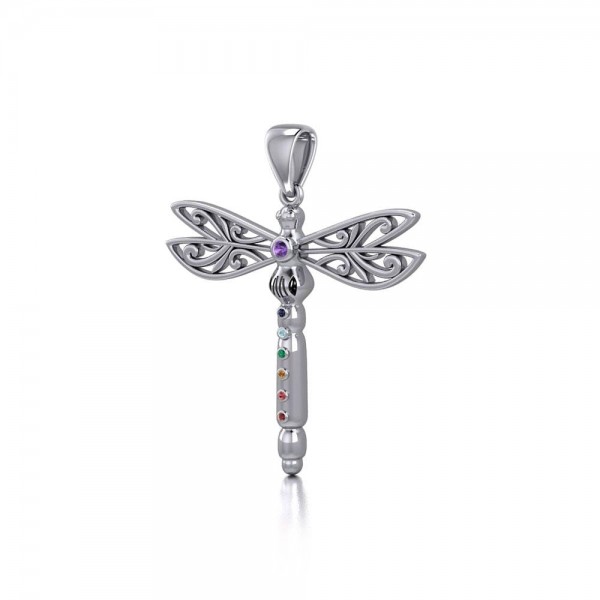 Spiritual Dragonfly Silver Pendant with Chakra Gems