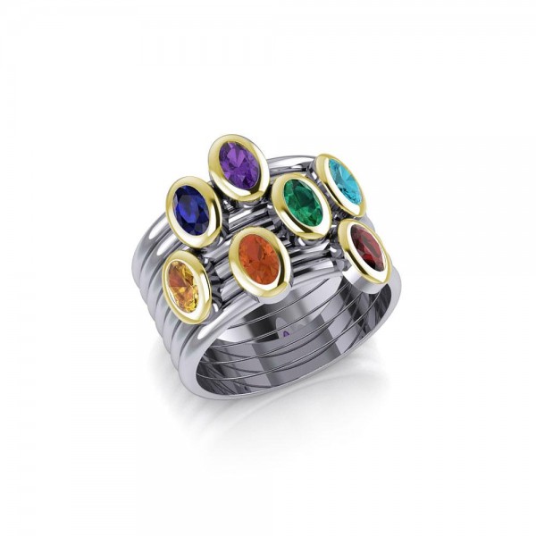 Oval Chakra Gemstone on Silver and Gold Stack Ring