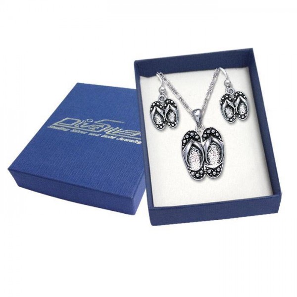 Beach Flip Flop  Silver Pendant Earrings with Free Chain Jewelry Gift Box Set