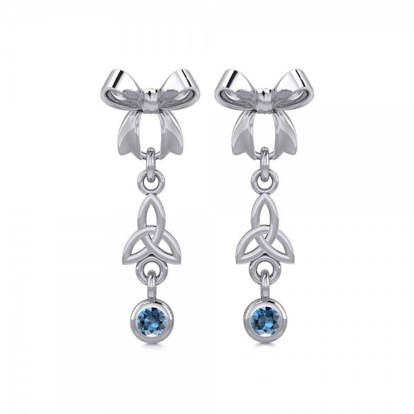 Ribbon with Dangling Gemstone Trinity Knot Silver Post Earrings