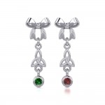Ribbon with Dangling Gemstone Trinity Knot Silver Post Earrings