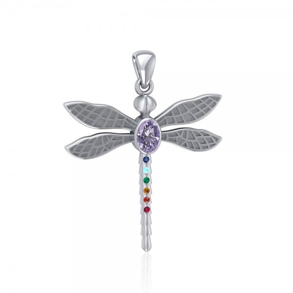 Spiritual Dragonfly Silver Pendant with Chakra Gemstone