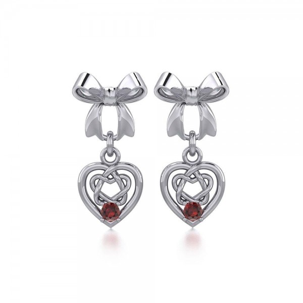 Ribbon with Dangling Gemstone Celtic Heart Silver Post Earrings