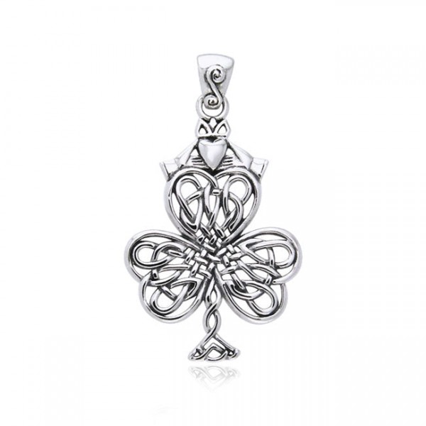 Celtic Knotwork Shamrock & Irish Claddagh Silver Pendant